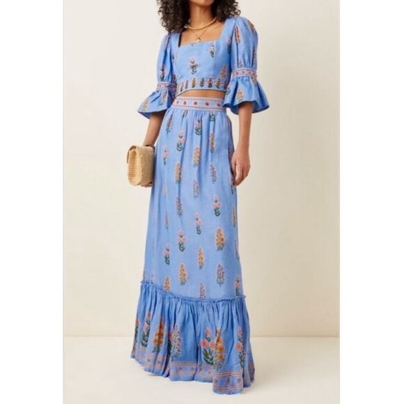 Agua by Agua Bendita Violeta Dahlia Blue Linen Embroidered Floral Cropped Top - Picture 3 of 12